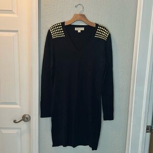 Michael Kors long sleeve navy sweater dress with gold stud detail